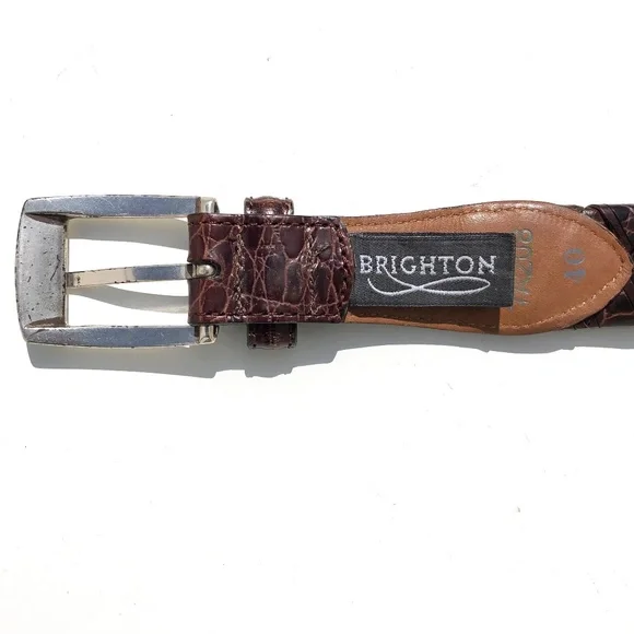 Brighton Brown Leather Belt Men size 40 Woven Embossed Silver Tone Buckle 7A208 - Picture 5 of 9